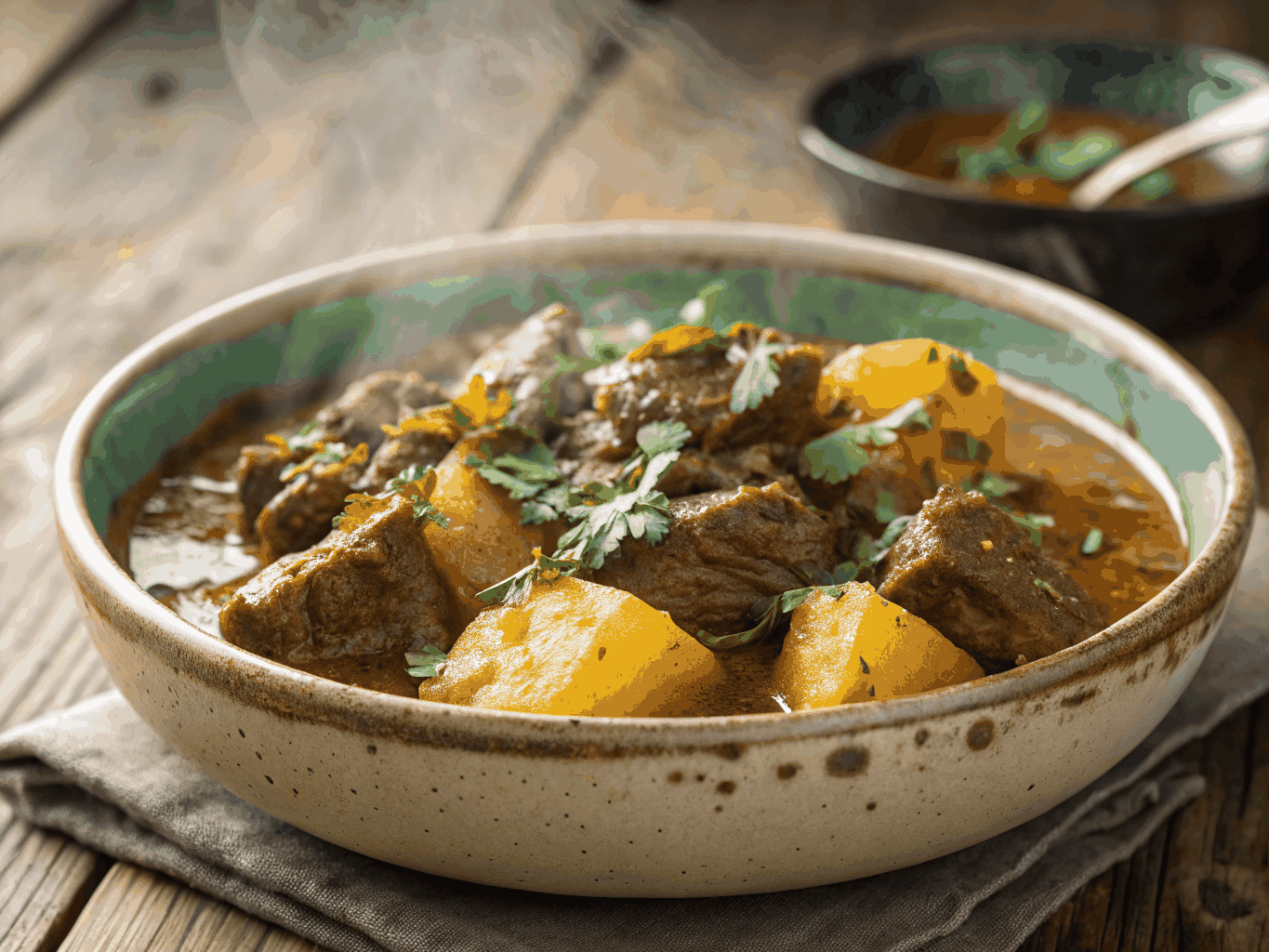 Artisan Caribbean curry dish with yellow rice