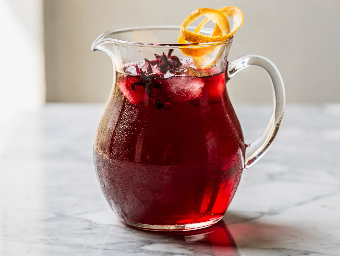 Artisan iced sorrel spiced infusion garnished with citrus peel