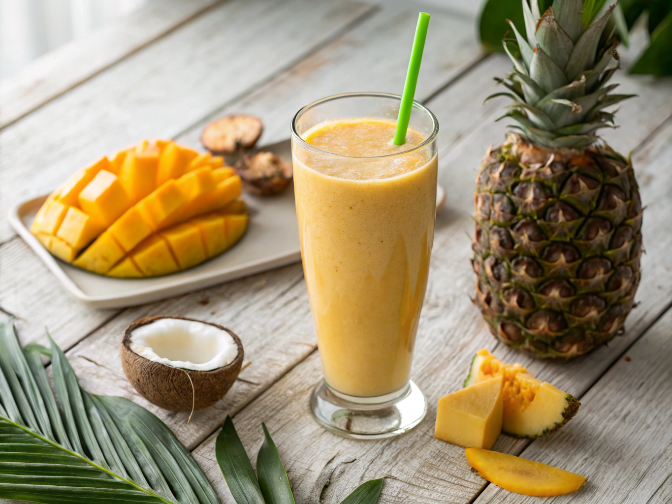 Chilled tropical mango and passion fruit beverage with mint garnish